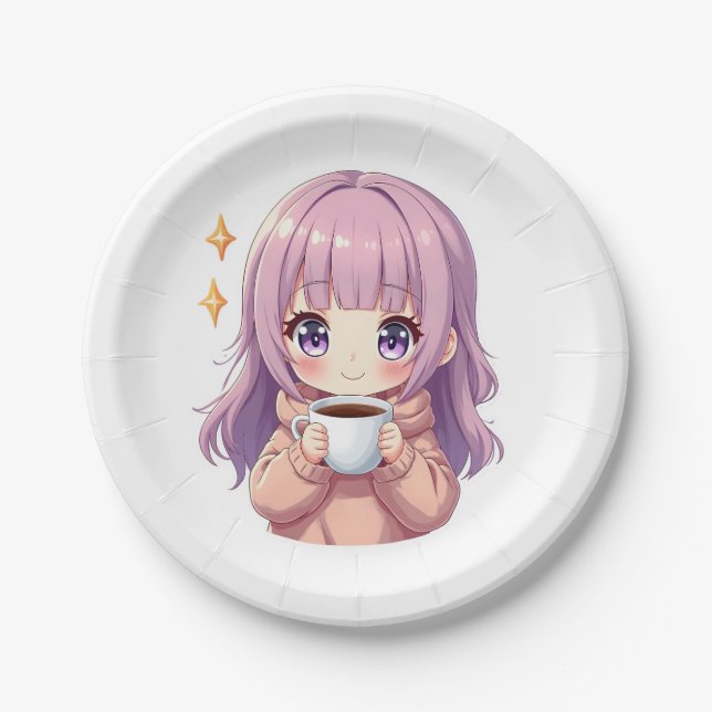 Plato De Papel Kawaii Cozy Coffee Girl – Pastel Aesthetic sticker (Anverso)