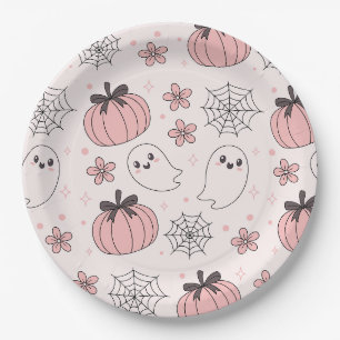 Plato De Papel Kawaii Fantasma y Calabazas de Halloween Rosa