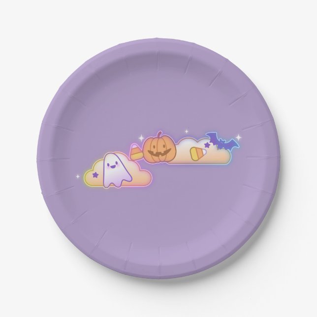 Plato De Papel Kawaii Ghost, Pumpkin & Bat Halloween Paper Plate (Anverso)