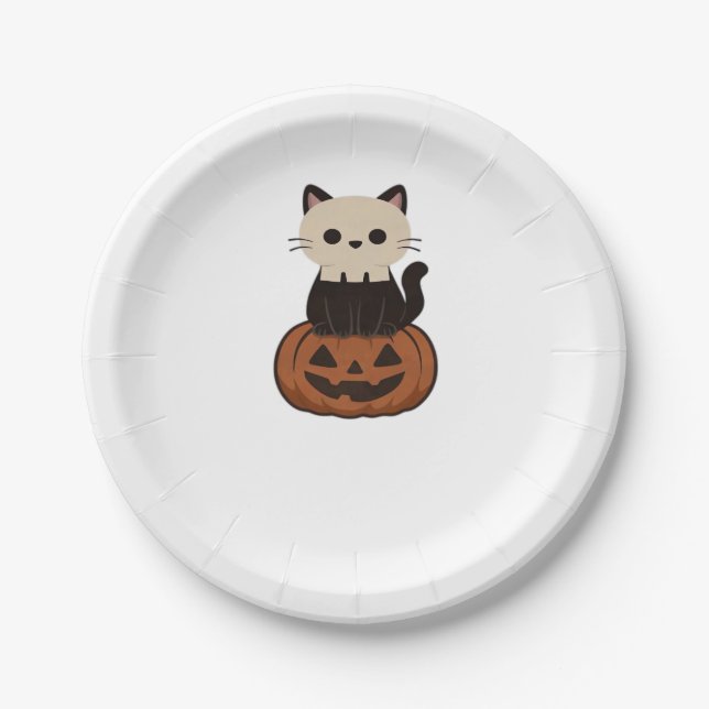 Plato De Papel Kawaii Halloween Cat y calabaza camiseta sobredime (Anverso)
