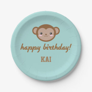 Plato De Papel Kawaii Monkey Partido de Cumpleaños Verde Azul