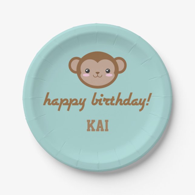 Plato De Papel Kawaii Monkey Partido de Cumpleaños Verde Azul (Anverso)