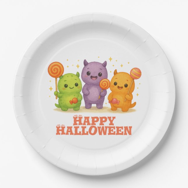 Plato De Papel Kawaii Monsters & Lollipops Halloween (Anverso)