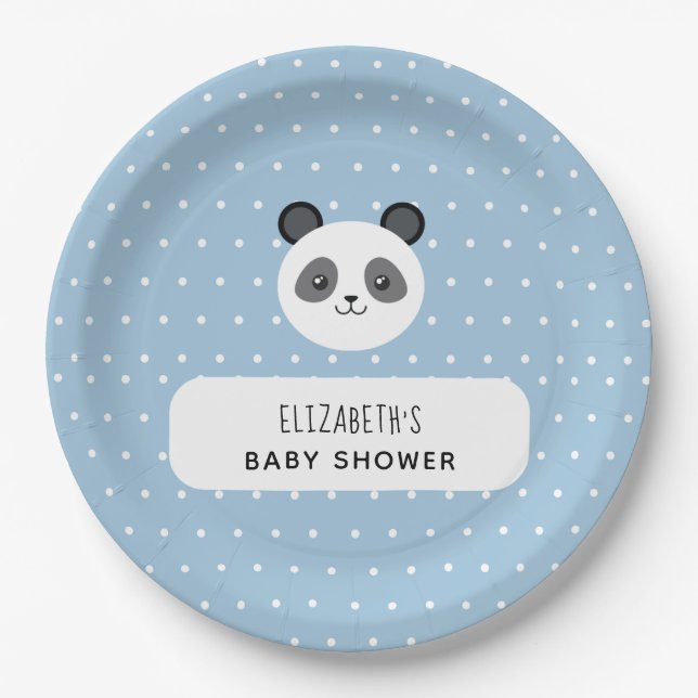 Plato De Papel Kawaii Panda Blue Boy Polka Dots Baby Shower (Anverso)