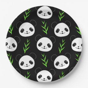 Plato De Papel Kawaii Panda Pattern Bambú en verde blanco negro