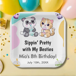 Plato De Papel Kawaii Panda y Tiger Bubble Tea Kids Cumpleaños