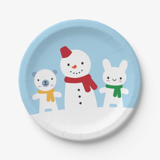 Plato De Papel Kawaii Snow Day with Bunny & Bear (Anverso)