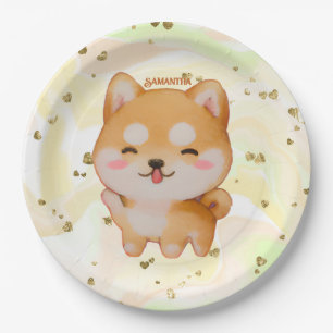 Plato De Papel Kawaii Sonriente Shiba Inu al estilo Personalizado