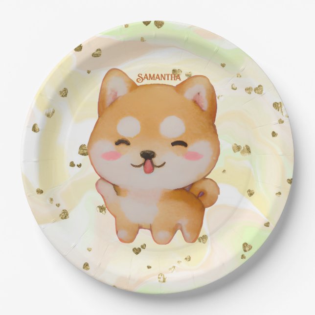 Plato De Papel Kawaii Sonriente Shiba Inu al estilo Personalizado (Anverso)