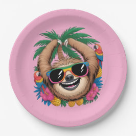 Plato De Papel Kawaii Tropical Sloth – Cute Summer Vibes Rainbow 