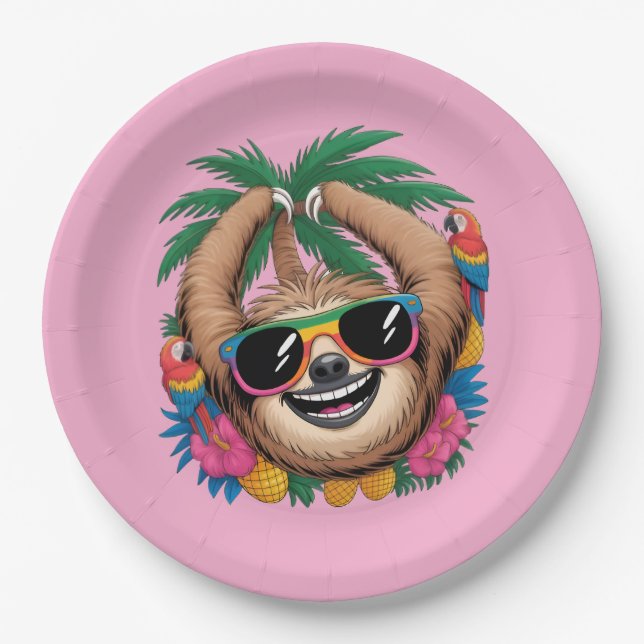 Plato De Papel Kawaii Tropical Sloth – Cute Summer Vibes Rainbow  (Anverso)