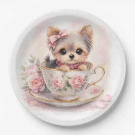 Plato De Papel Kawaii Yorkie Teacup Birthday Paper Plates