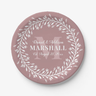 Plato De Papel Keepsake Monograma de guirnalda rosa de pareja rec