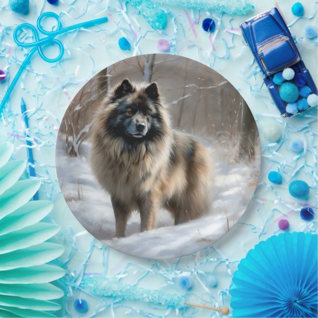 Plato De Papel Keeshond Deja que nieve Navidad (Fiesta)
