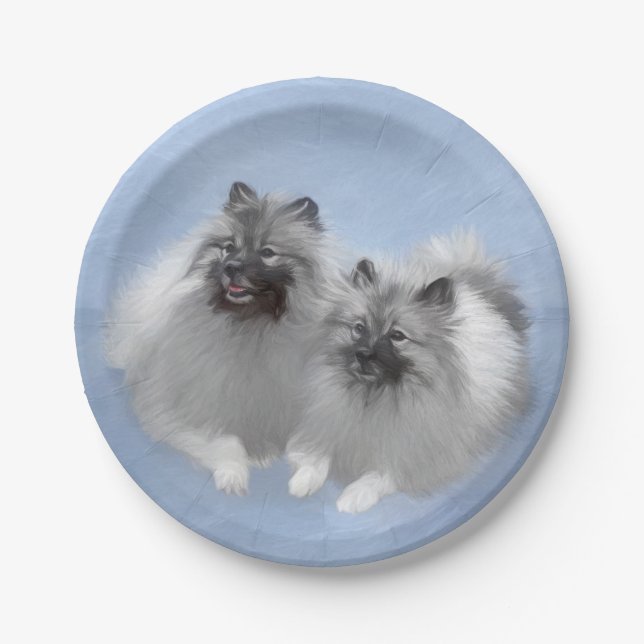 Plato De Papel Keeshond Pair de Kees pintura animal original (Anverso)