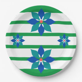 Plato De Papel Kelly Green stripes y flores azules