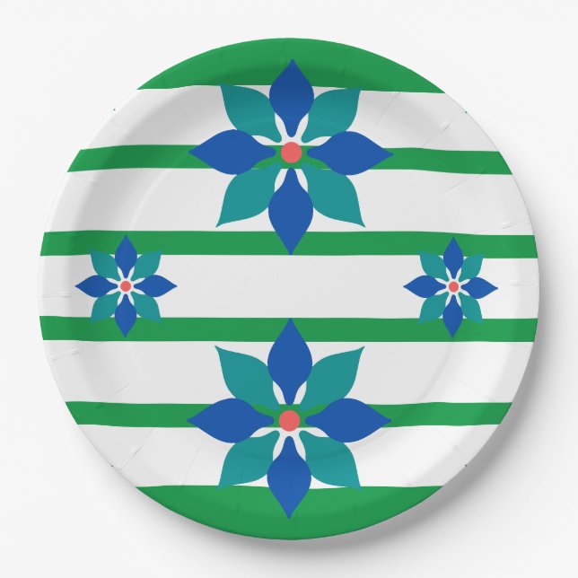 Plato De Papel Kelly Green stripes y flores azules (Anverso)
