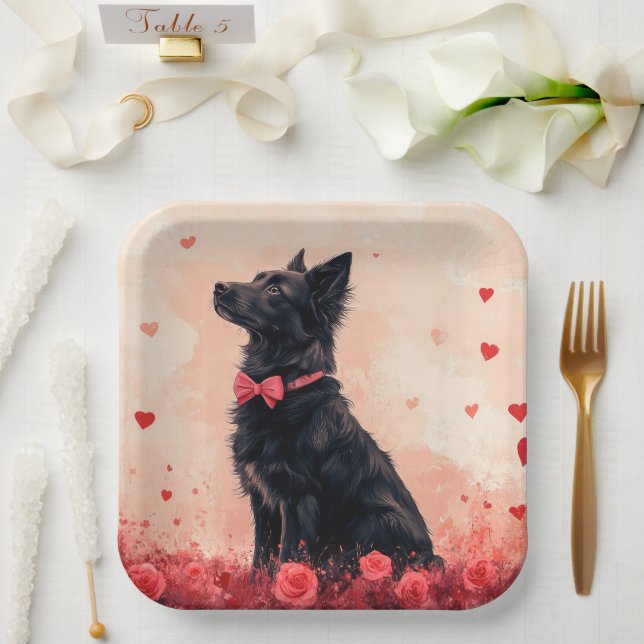 Plato De Papel Kelpie australiano con Rosas - El día de San Valen (Boda)