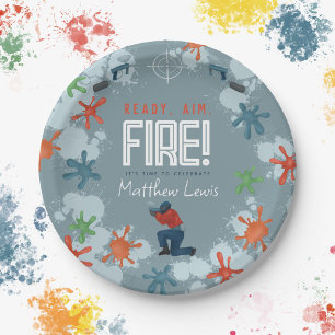 Plato De Papel Kids Blue Paintball Boys Birthday Party