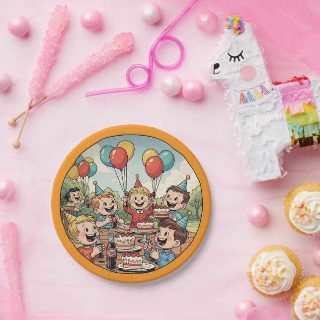 Plato De Papel Kids Enjoying their Cakes, Sodas and Balloons (Fiesta)