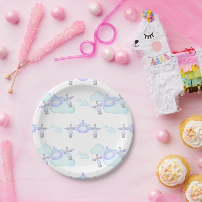 Plato De Papel Kids Lilac Airplane Volando Aviation Cumpleaños (Fiesta)