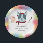 Plato De Papel Kids Painting Birthday Party Puppy Dog<br><div class="desc">Cuidada y colorida pintura o tema de arte en la mesa de papel de cumpleaños con pinturas de color arcoiris con falsos purpurinas de oro alrededor con un lindo bulldog francés con gorra y bufanda de boina roja, paleta de pintura y pincel de pintura. Personalizar este producto agregando el nombre,...</div>