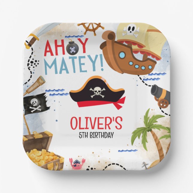 Plato De Papel Kids Pirate Party | Ahoy Matey Pirate Birthday  (Anverso)