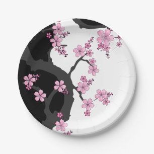 Plato De Papel Kimono japonés Sakura negro y rosa blanco
