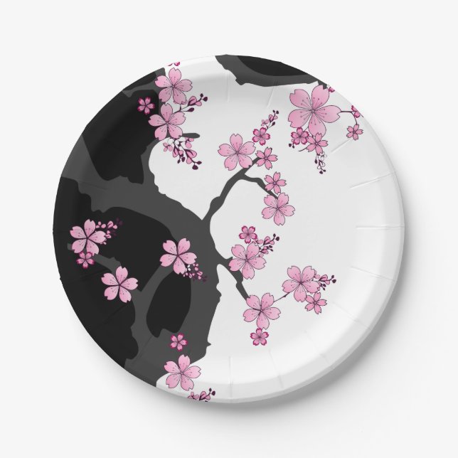 Plato De Papel Kimono japonés Sakura negro y rosa blanco (Anverso)