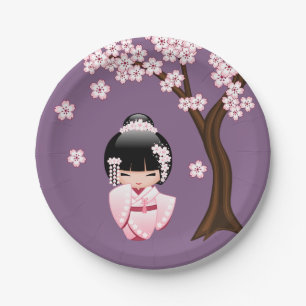 Plato De Papel Kimono Rosa Muñeca Kokeshi Kawaii sobre Púrpura