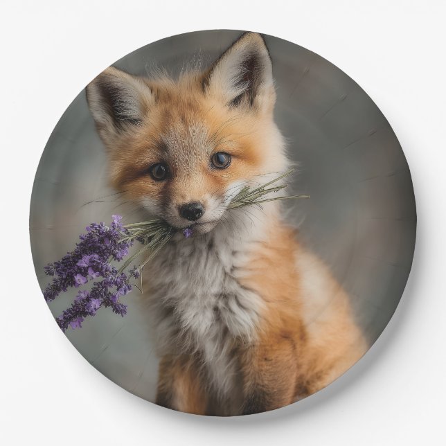 Plato De Papel Kit de Fox Adorable Holding Flores de Lavanda (Anverso)