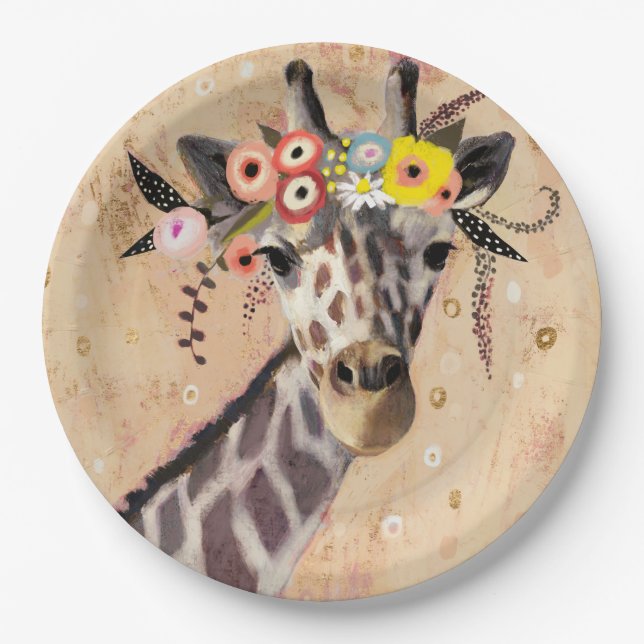 Plato De Papel Klimt Giraffe | Corona De Flores (Anverso)