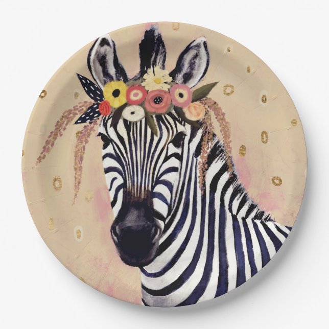 Plato De Papel Klimt Zebra | Adornadas En Flores (Anverso)