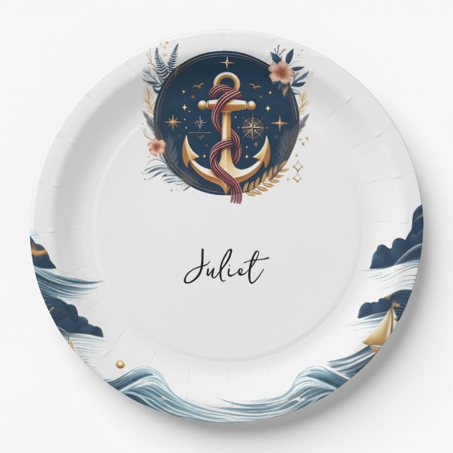Plato De Papel Knot Bote Navy Blue Nautical Bridal Shower (Anverso)
