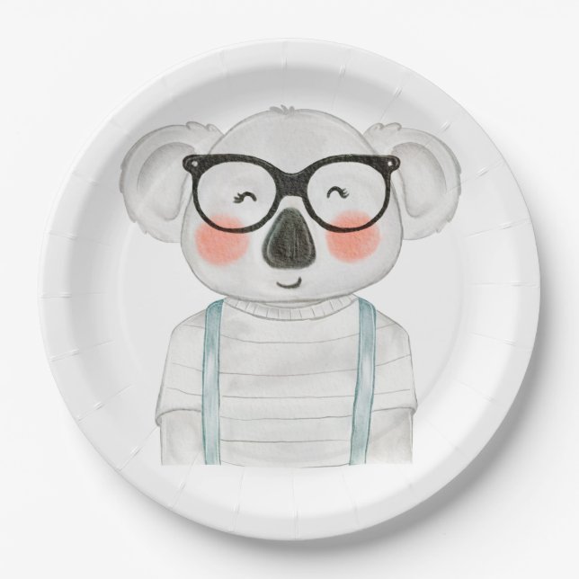 Plato De Papel Koala Adorable con Gafas en Acuarela (Anverso)