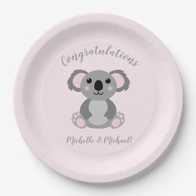 Plato De Papel Koala Bear Baby Shower Chica Rosa (Anverso)