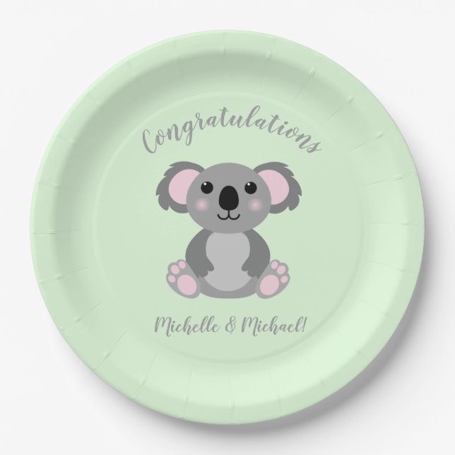 Plato De Papel Koala Bear Baby Shower Green Gender Neutral (Anverso)
