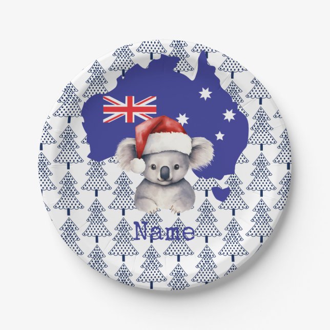 Plato De Papel Koala Bear on Australia Flag and Christmas Tree (Anverso)