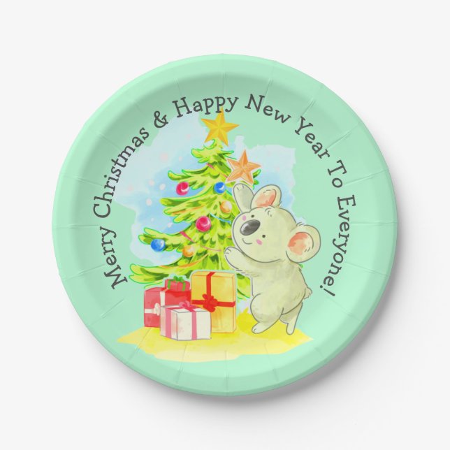 Plato De Papel Koala con árbol, 7" Fiesta de Navidad australiana  (Anverso)