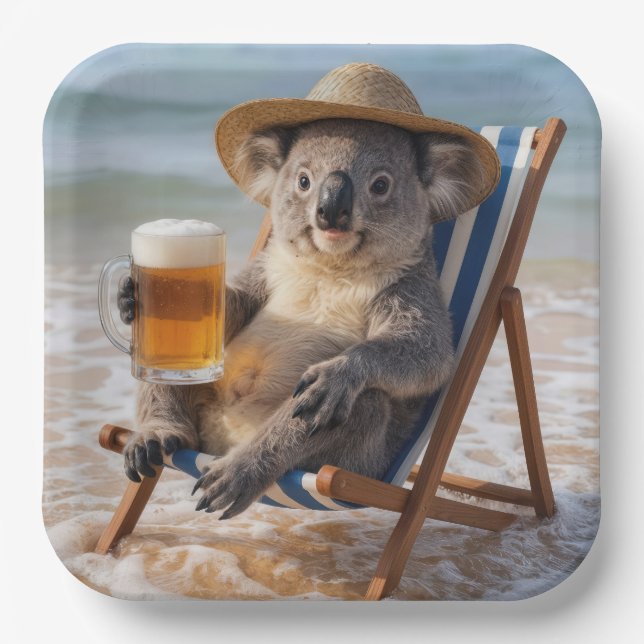 Plato De Papel Koala con una cerveza en una playa (Anverso)