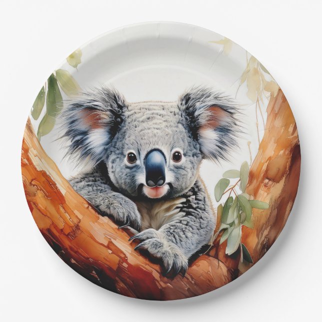 Plato De Papel Koala sentado en un eucalipto (Anverso)