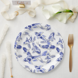 Plato De Papel Koi azul y blanco