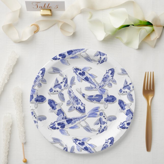 Plato De Papel Koi azul y blanco (Boda)
