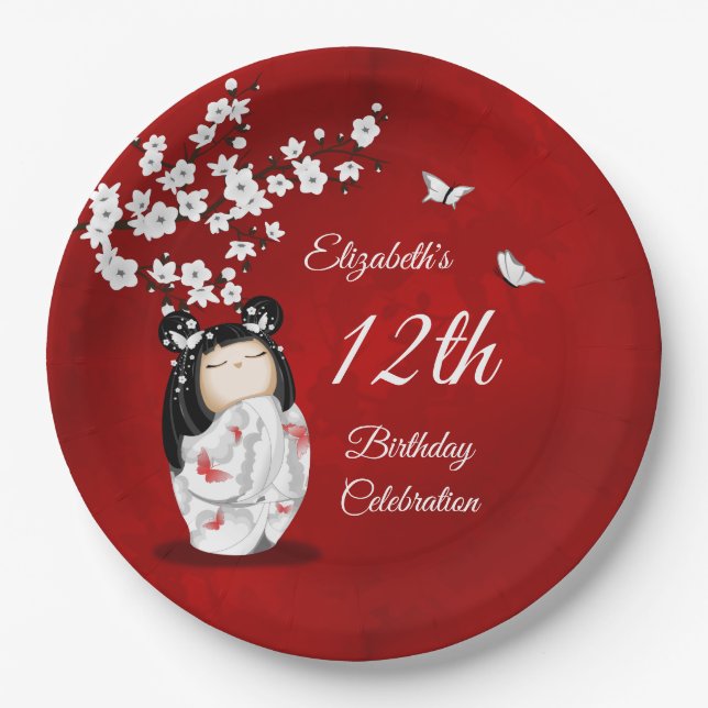 Plato De Papel Kokeshi Doll Cherry Blossom | Girl´s Birthday (Anverso)