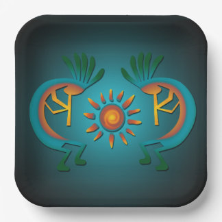Plato De Papel Kokopelli con Sun Verde azulada Design 9" Sq