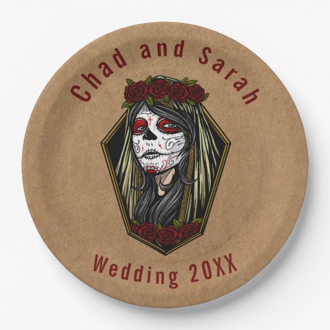 Plato De Papel Kraft Pintado Lady Skull Face Gothic Boda (Anverso)