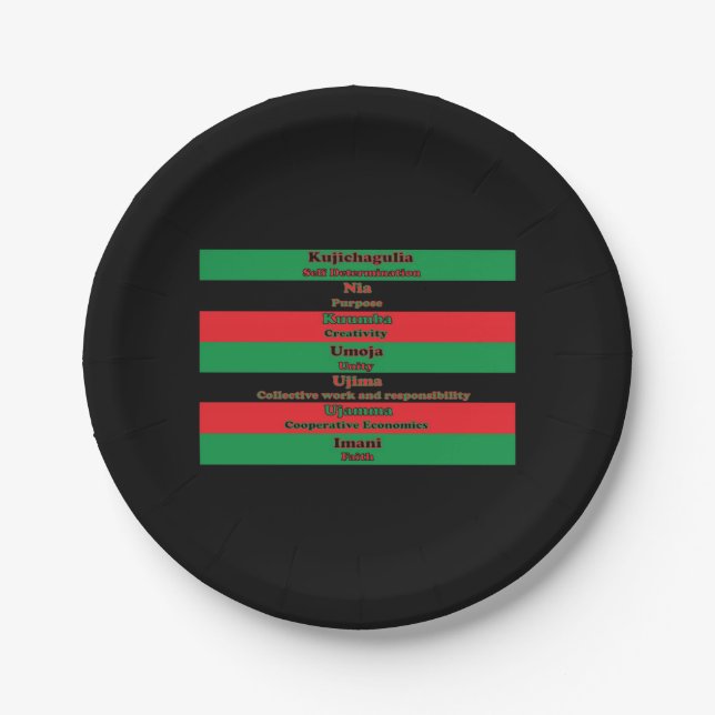 Plato De Papel Kwanzaa Siete principios rojo verde negro (Anverso)