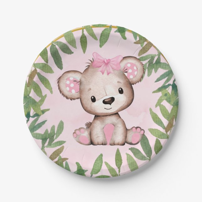 Plato De Papel La acuarela chica Teddy Bear Baby Shower (Anverso)