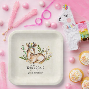 Plato De Papel La acuarela del ciervo de la bonito desciende el c