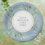 Plato De Papel La agitada vegetación azul deja la celebración de<br><div class="desc">Con hojas de color agua botánica sobre un polvoriento fondo azul. Este elegante plato de papel puede ser personalizado con su propio mensaje. Perfecto para bodas,  fiestas de compromiso,  duchas de novias,  duchas para bebés,  bautismo,  celebraciones de aniversario y reuniones de cumpleaños. Diseñado por Thisisnotme©</div>